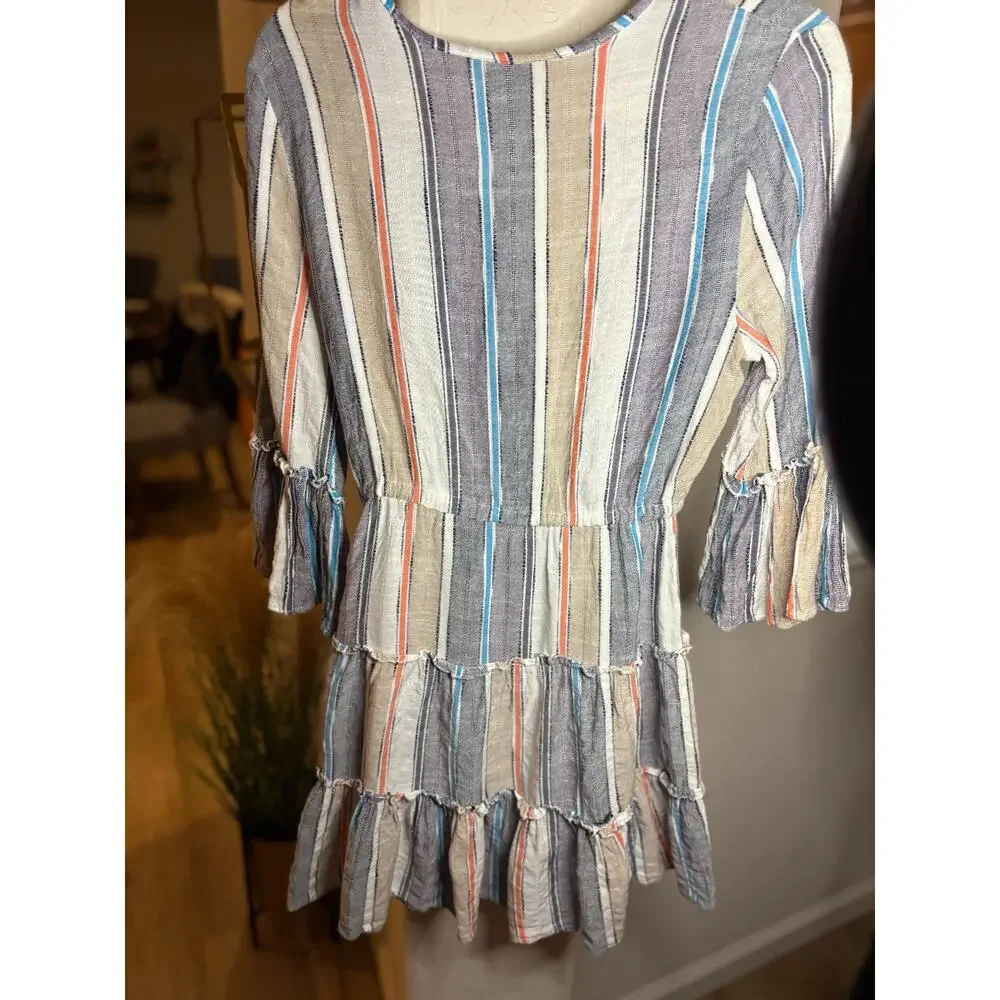 Spiaggia Dolce Deep V-Neck Striped Tassels Beach Tunic Dress Cover-up small 4-8